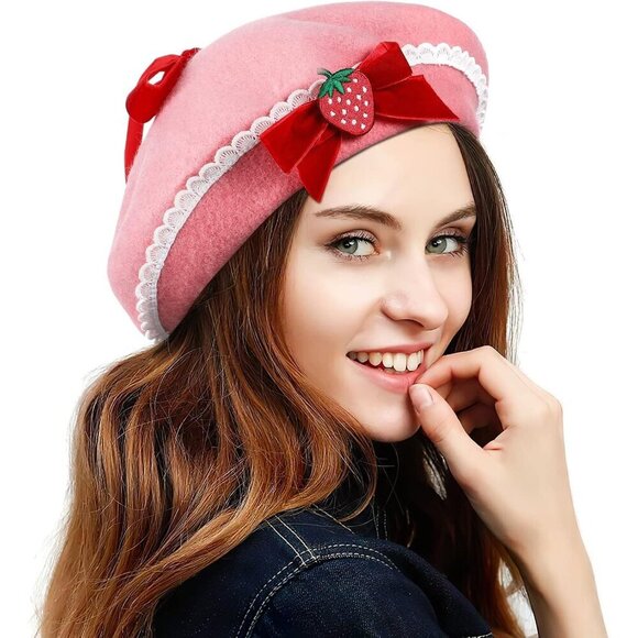 Women Wool Beret Hat Pink Strawberry Bow Winter French Style Cap